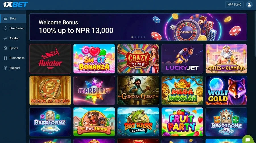 1xBet Casino lobby with thousands of slots