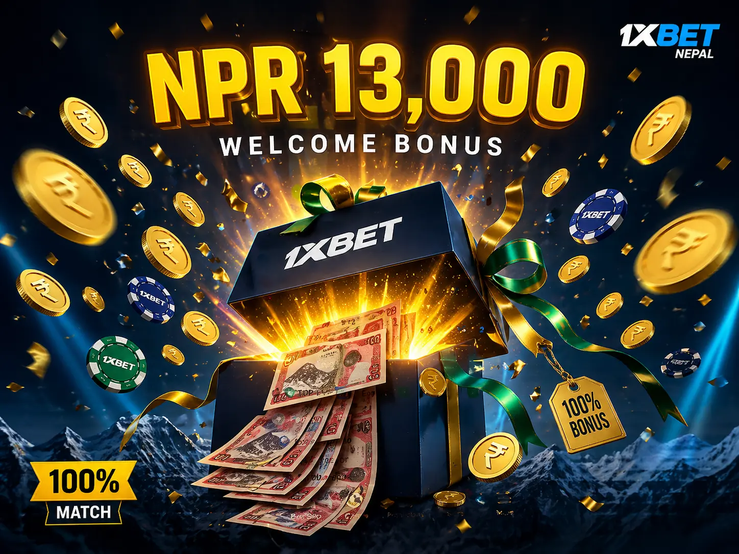 1xBet Nepal welcome bonus up to NPR 13,000